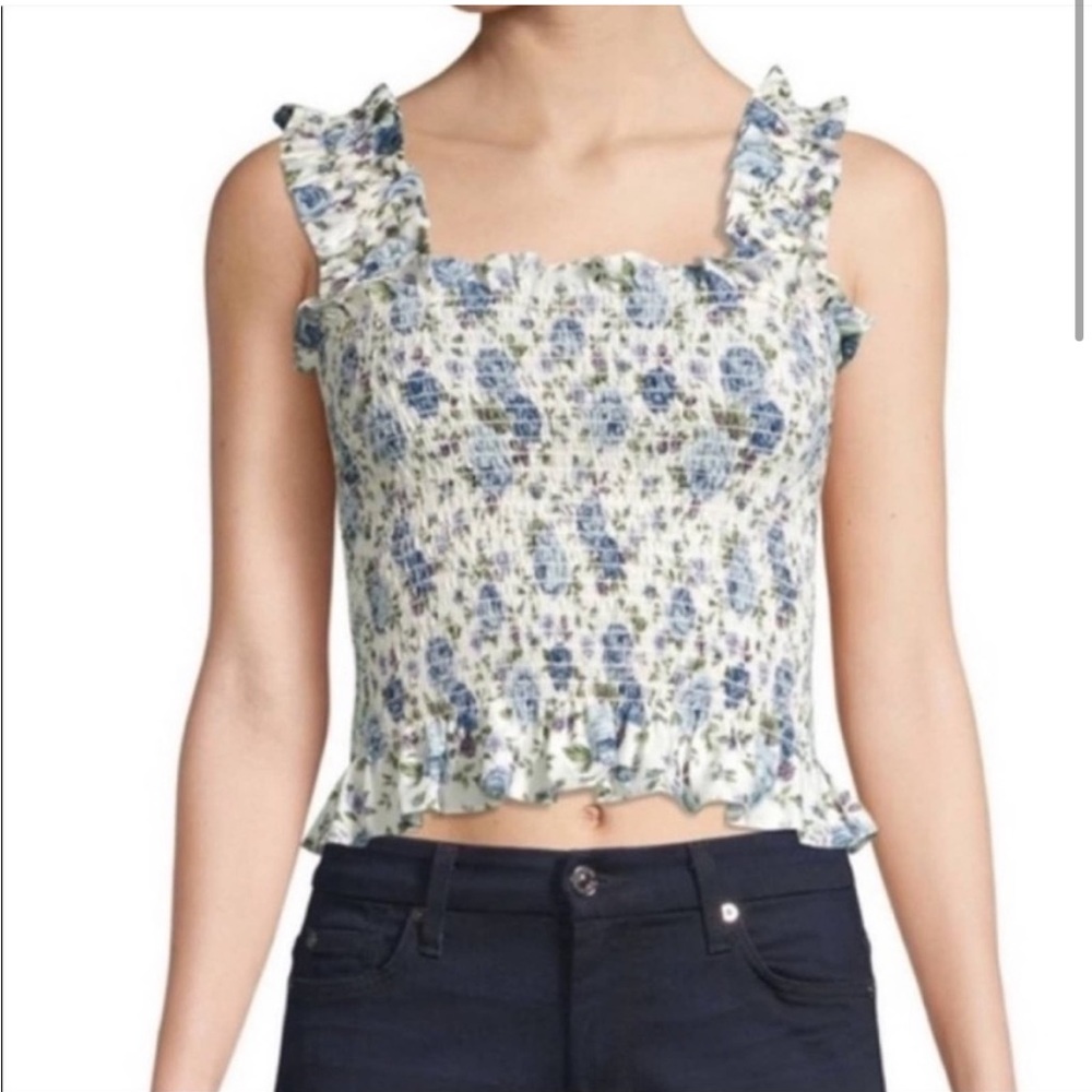 Petersyn SMOCKED FLORAL RUFFLE CROP TANK TOP IN JARDIN